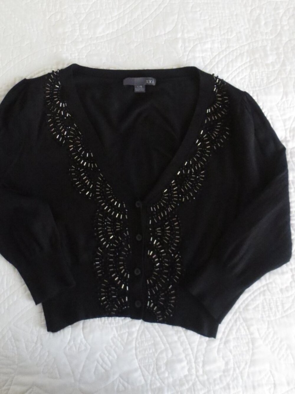 Vintage Forever 21 Black Button Front Beaded 3/4 Sleeve Cropped Cardigan - Picture 4 of 6